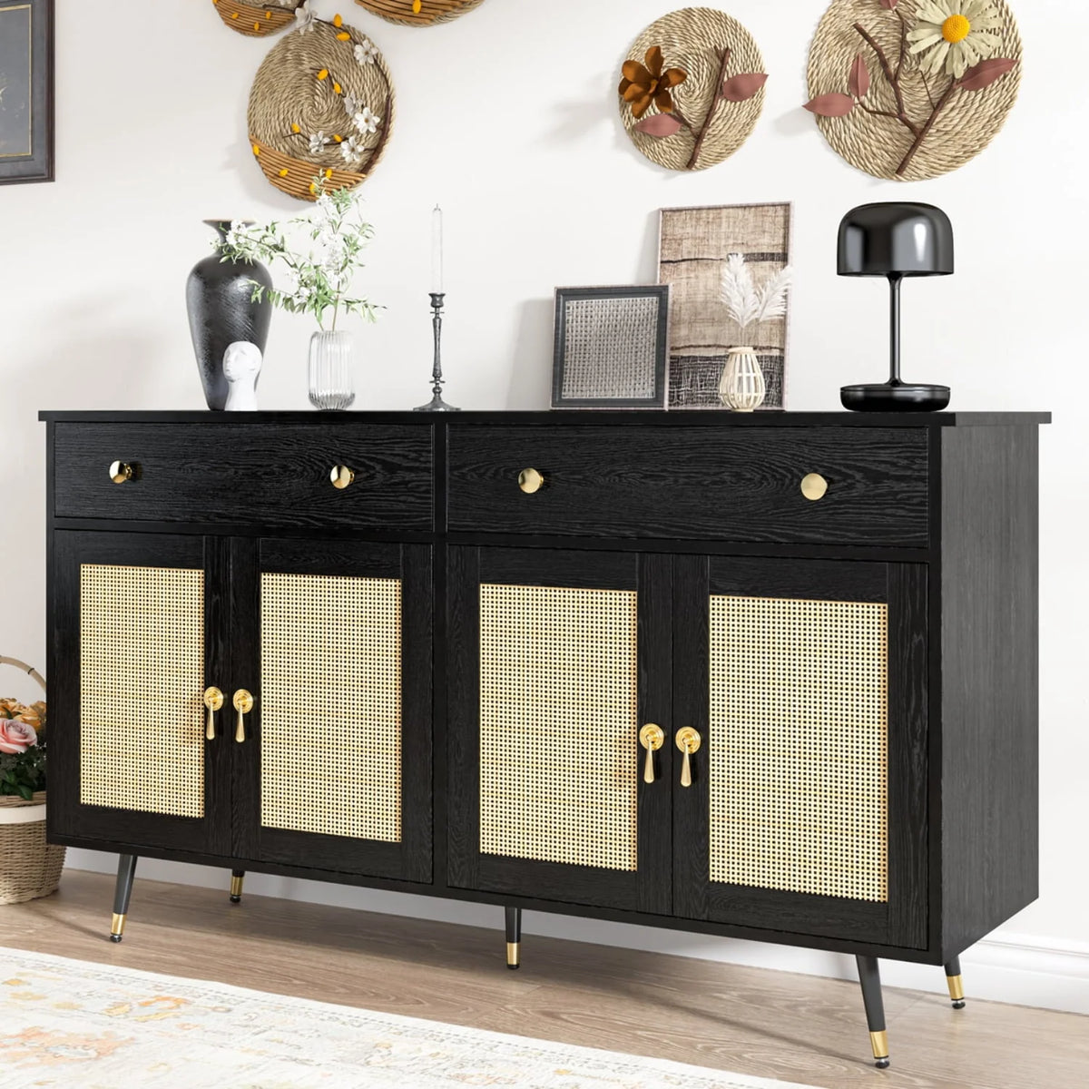 Catrimown Sideboard Buffet Cabinet, 2 Drawer and 4 Rattan Door Sideboard Storage Cabinet, Black