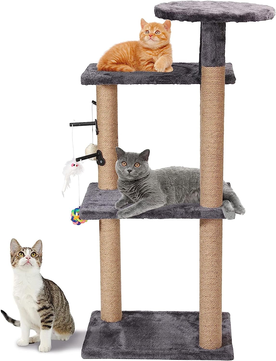 PinkSheep 4 Tier Cat Tree Tower Scratching Post Climber with Sisal Toys & Cat Perch Bed for Small Medium Cats Gray