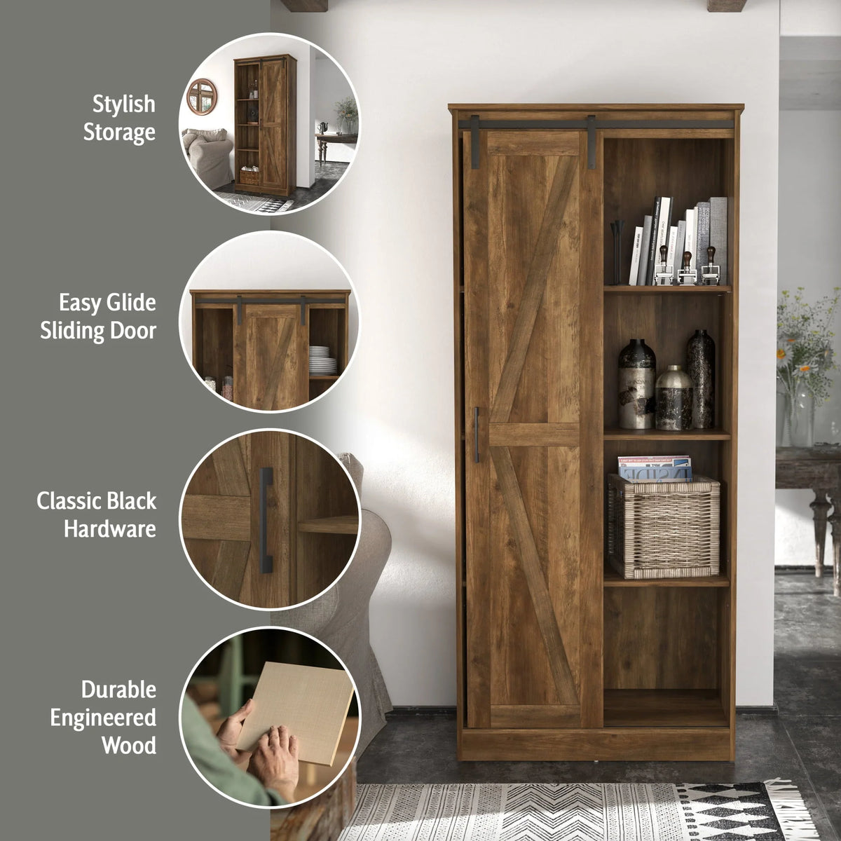 Woven Paths Shelton Wood Kitchen Pantry with 1 Sliding Barn Door, Knotty Oak