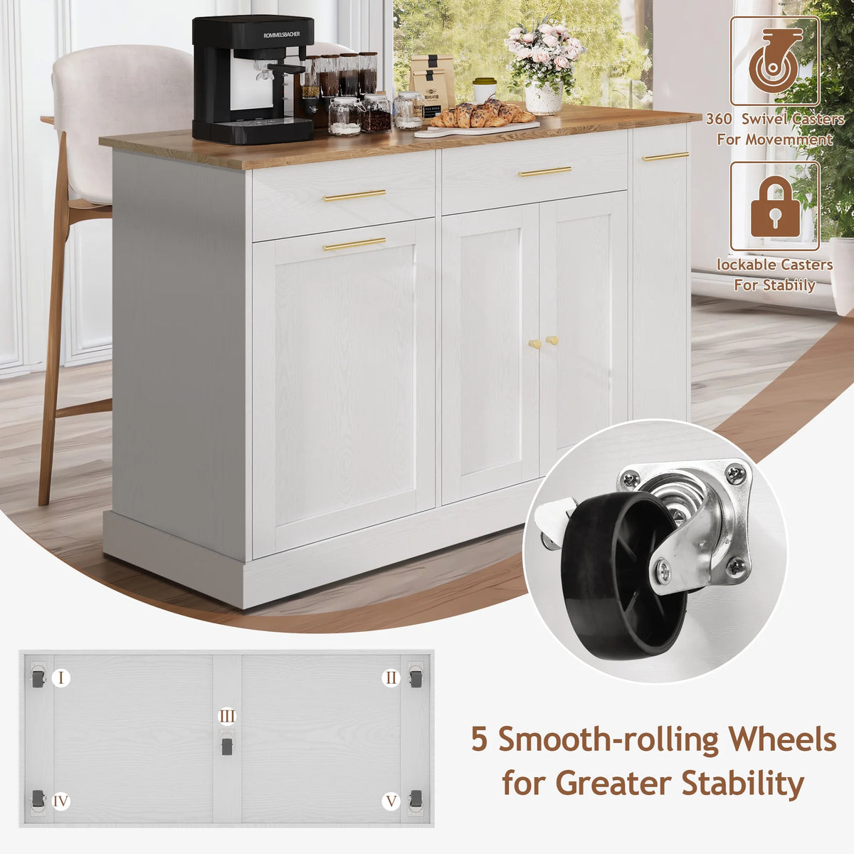 DreamCurship 52" Kitchen Island with Storage, Rolling Kitchen Cart Island with Wheels, Tilt Out Kitchen Trash Cabinet 10 Gallon Storage, 3 Large Spice Racks and 2 Drawers, White