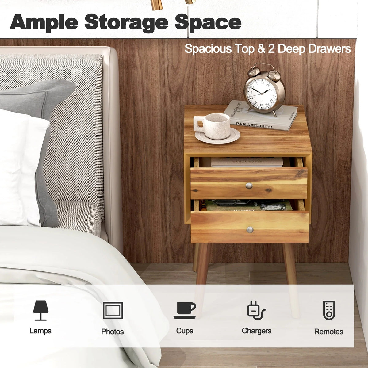 Gymax 2-Drawer Nightstand Mid-century Modern Bed Side Table w/ Storage Multipurpose End Table Brown