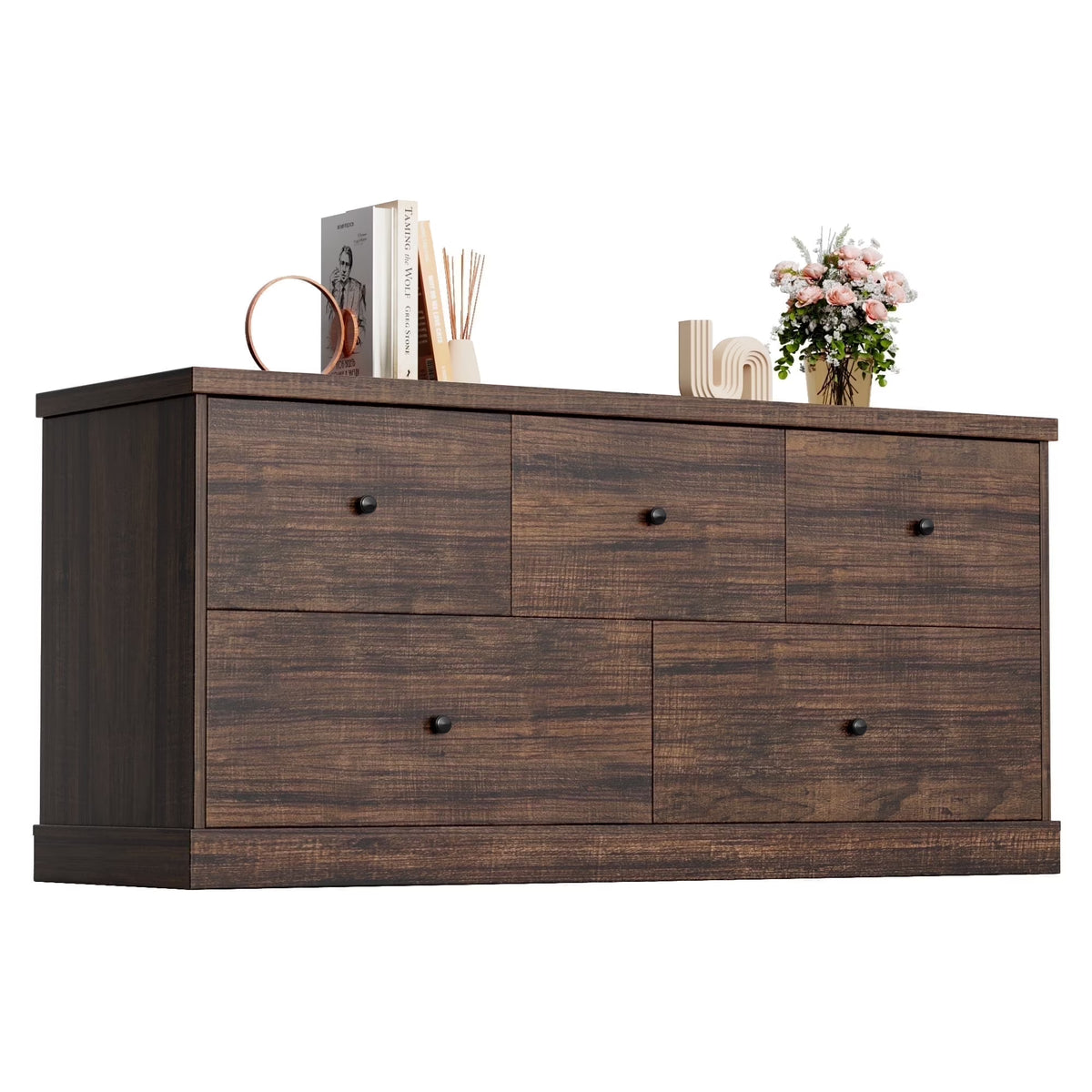Homall 5 Drawer Dresser Wood Storage Cabinet Double Tier Chest of Drawer TV Stand for Bedroom, Living Room, Black