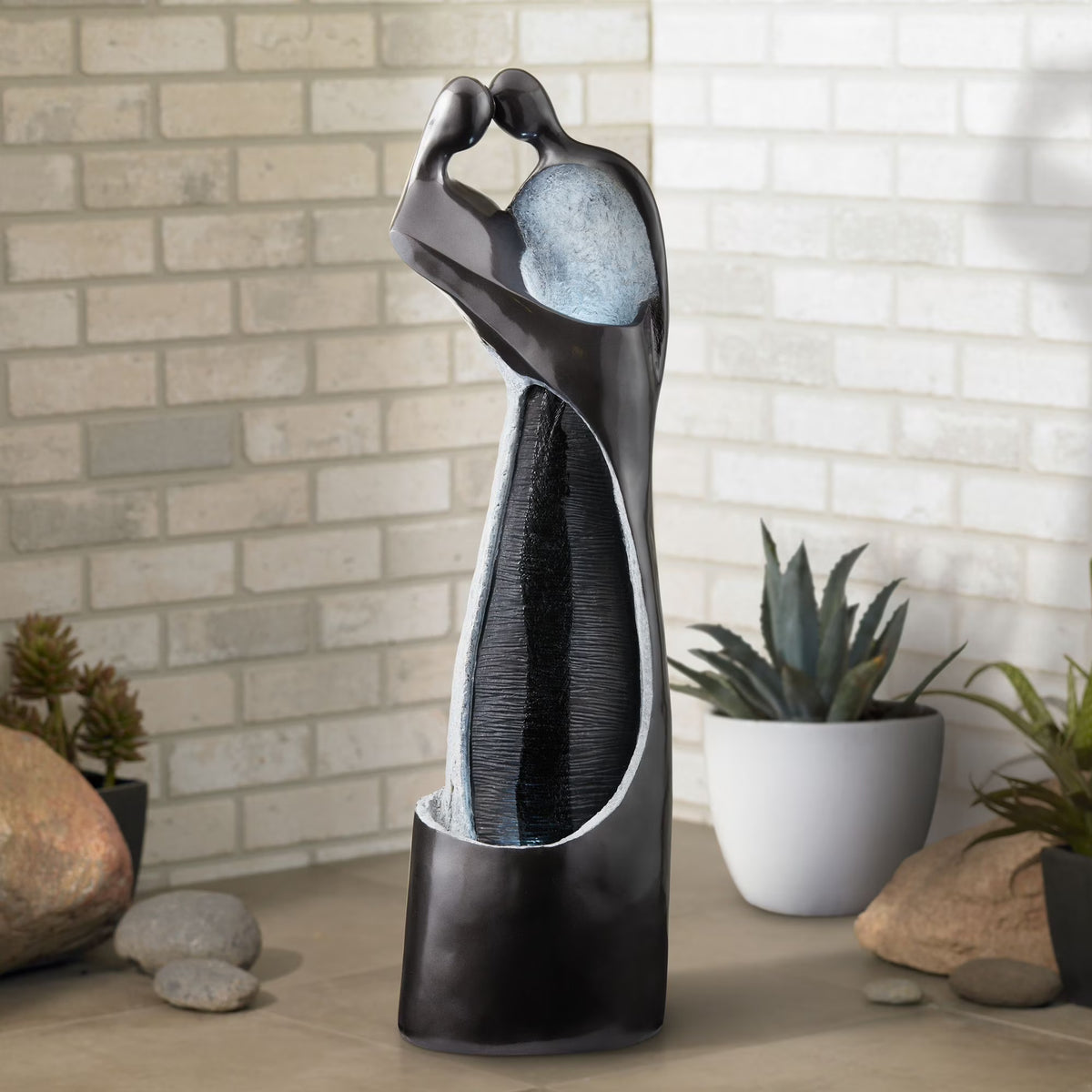 Modern Couple 47" High Large Indoor Outdoor Decor Black Resin Floor Fountain with Light LED Outside Garden Patio