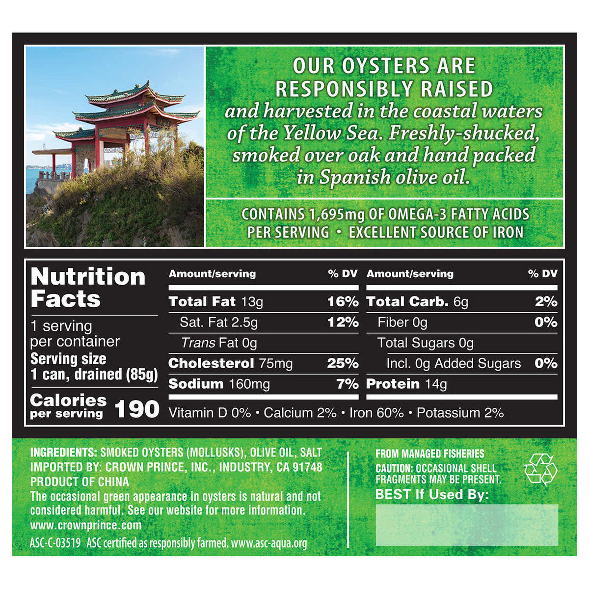 Crown Prince Smoked Oysters in Olive Oil, Fancy Whole, 3.75 oz, 6-count