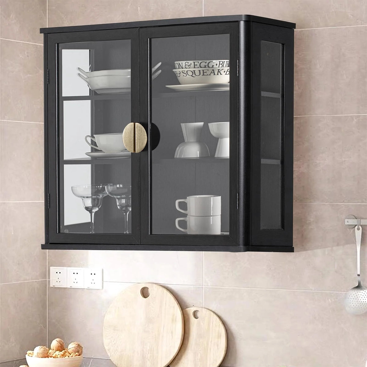 POLIHOME Display Wall Cabinet with Tempered Glass Doors��Storage Cabinet with Adjustable Shelves