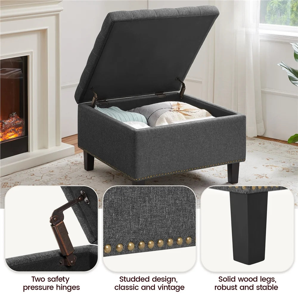 Alden Design Modern Linen-like Storage Ottoman Bench with Button-Tufted for Entryway, Dark Gray
