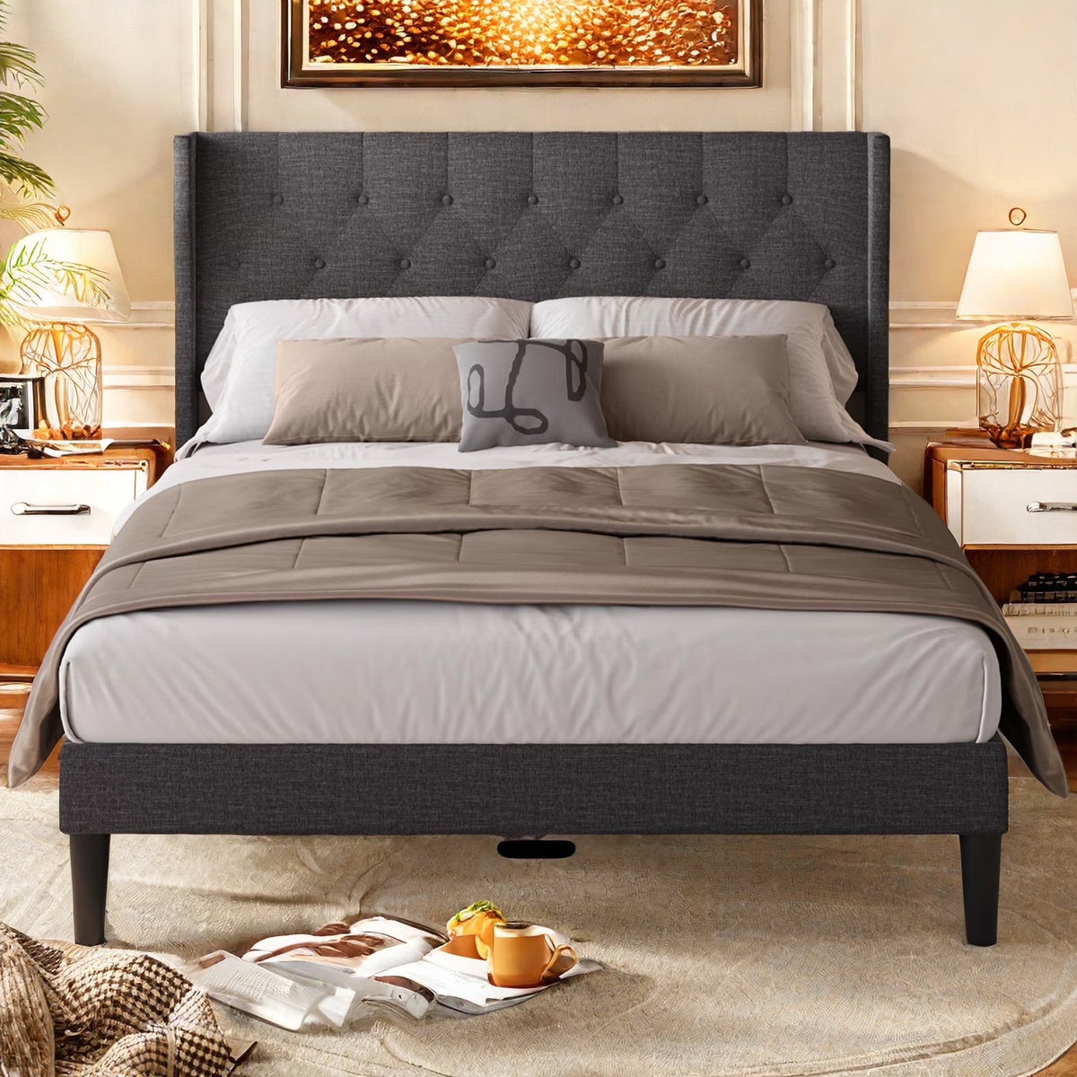 Lofka Queen Size Bed Frame with Upholstered Wingback Headboard Beige Finish