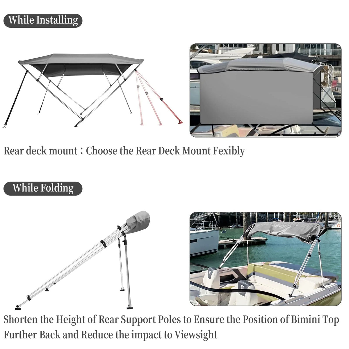 4 Bow Bimini Top Boat Cover with 1” Aluminum Alloy Frame, Include 2 Straps, 2 Adjustable Rear Support Pole, Zippered Storage Boot, PU Coating Canvas（8'L x 54" H x 73"-78" W ，Gray ）