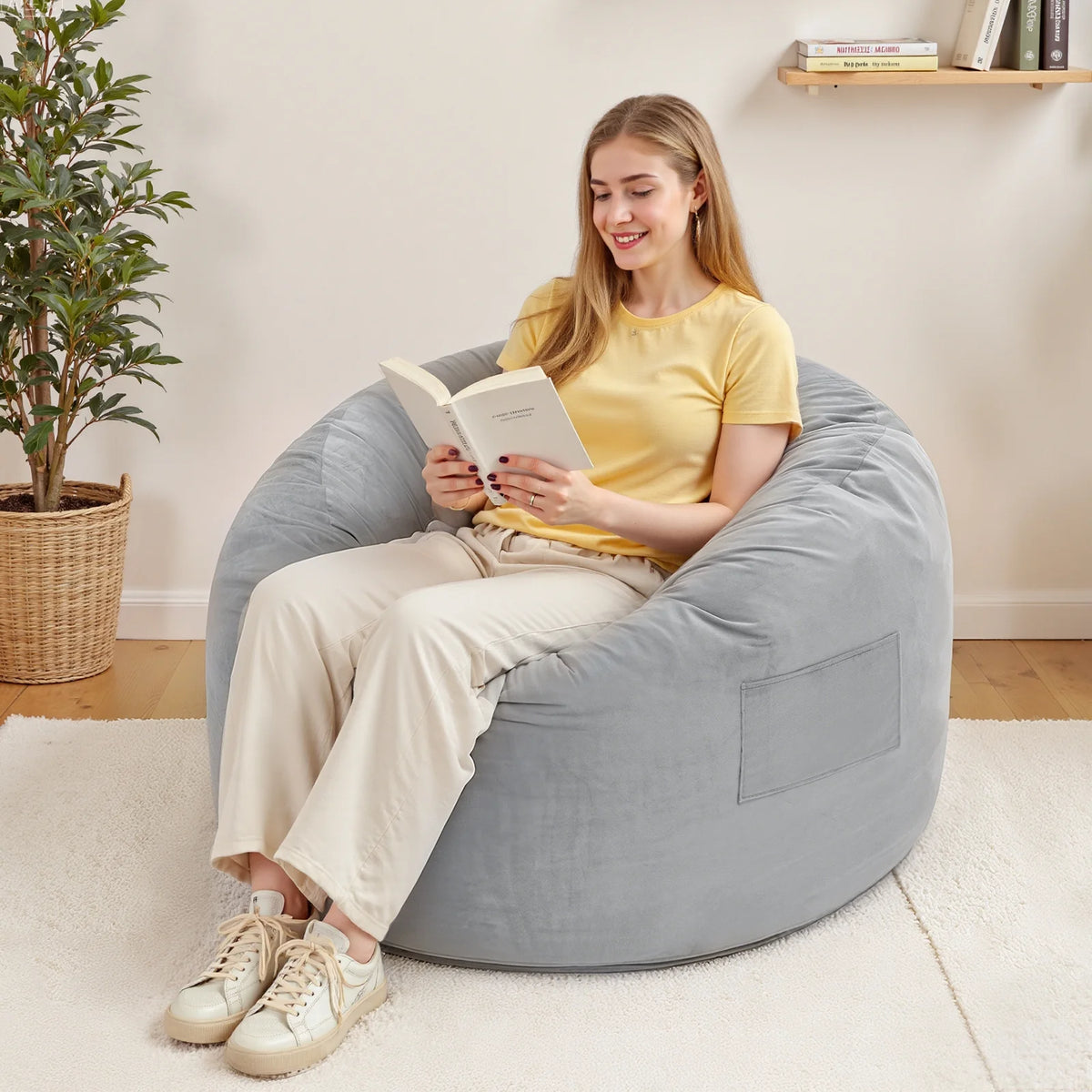 Lusimo Giant Bean Bag Chairs Bean Bag Bed with Pocket, Convertible Bean Bag Sofa Bed with Velvet Washable Cover for Adults, Couples, Family, Living Room, Gray, Full