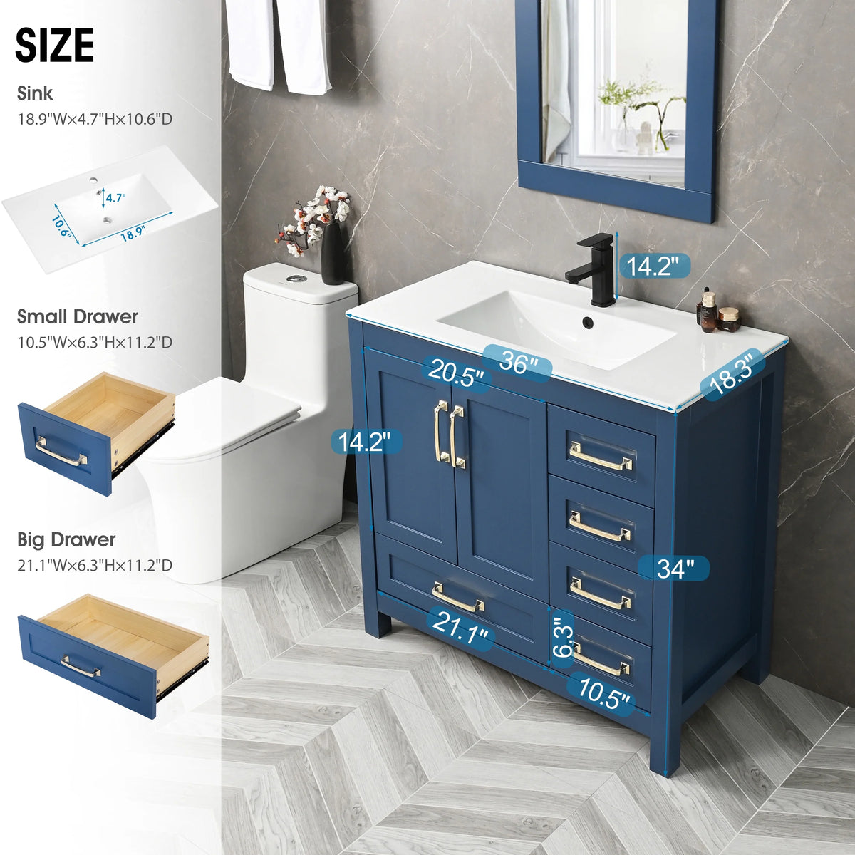 Eclife 36" White Bathroom Vanity Set with Ceramic Sink Top and Water Saving Faucet Drain