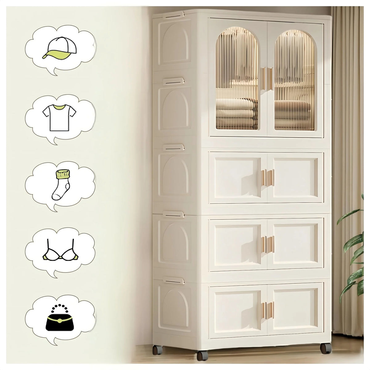 PORKISS Portable Wardrobe Closet, Folding Bedroom Armoire with Wheels, Plastic Storage Basket Can be Freely Combined (1 Layer of Wardrobe + 2 Layers of Folding Boxes+10 Hangers), Cream White-57.09"H