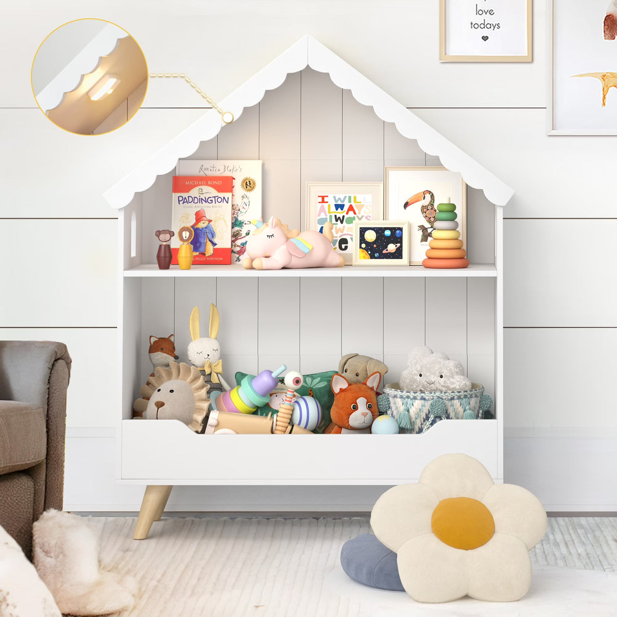 Curipeer 2-Tier Kids Bookshelf, Toy Storage Organizer with Motion-Activated Light, White