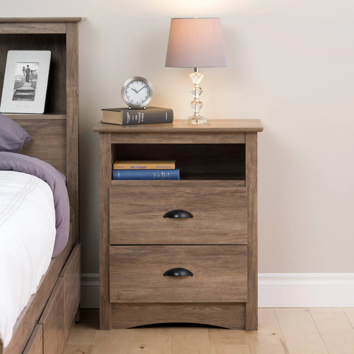 Prepac Sonoma 2 Drawer Tall Bedroom Nightstand With Open Shelf, Cherry
