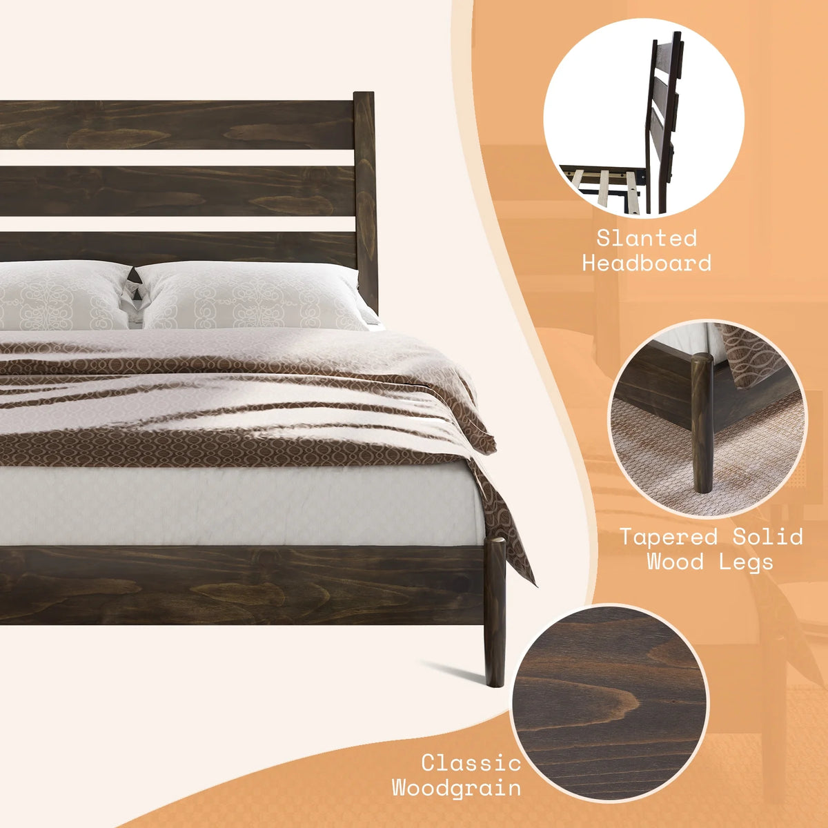 Merluxy Full Size Solid Wood Bed Frame, Mid Century Platform Bed with Reclining Slatted Headboard, Wood Slat Support/Noise Free, Light Brown