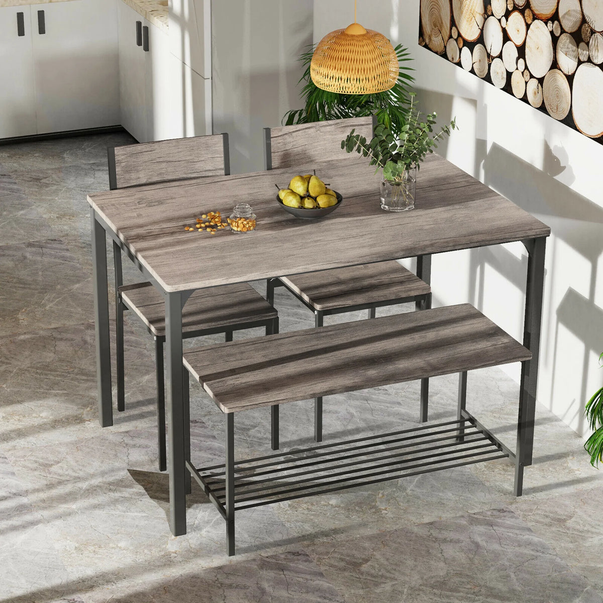 Gymax 4pcs Dining Table Set Rustic Desk 2 Chairs & Bench w/ Storage Rack Grey
