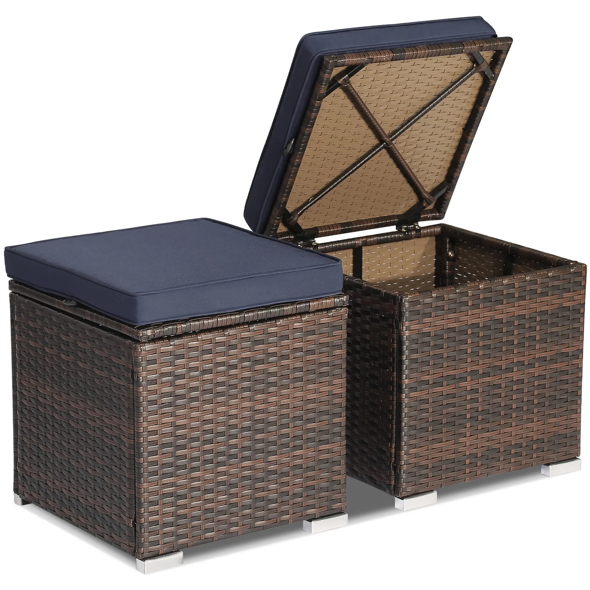 Costway 2PC Patio Rattan Ottoman Seat Side Table Storage Box Footrest Off White