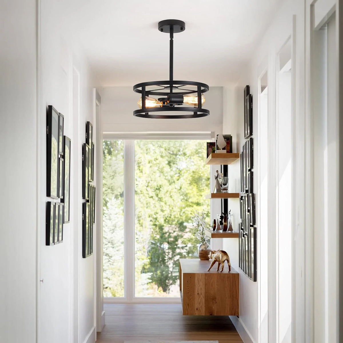 Industrial Black Semi Flush Mount Ceiling Light,Farmhouse Kitchen Light Fixtures,2 Light Metal Ceiling Light Fixture,Sloped Ceiling Light Fixture for Dining Romm Hallway Entryway