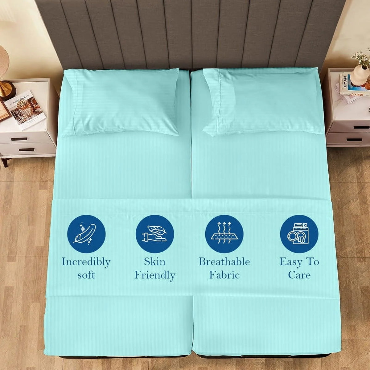 5-Piece Split Queen Sheet Set, 800 Thread Count, 100% Egyptian Cotton, Color Aqua Blue Stripe Pattern, Fits 16-Inch Deep Mattresses