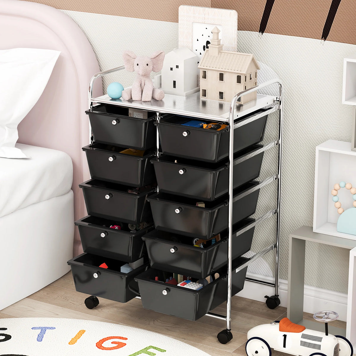 Gymax 10-Drawer Rolling Storage Cart Tools Scrapbook Paper Organizer on Wheels Black Gradient