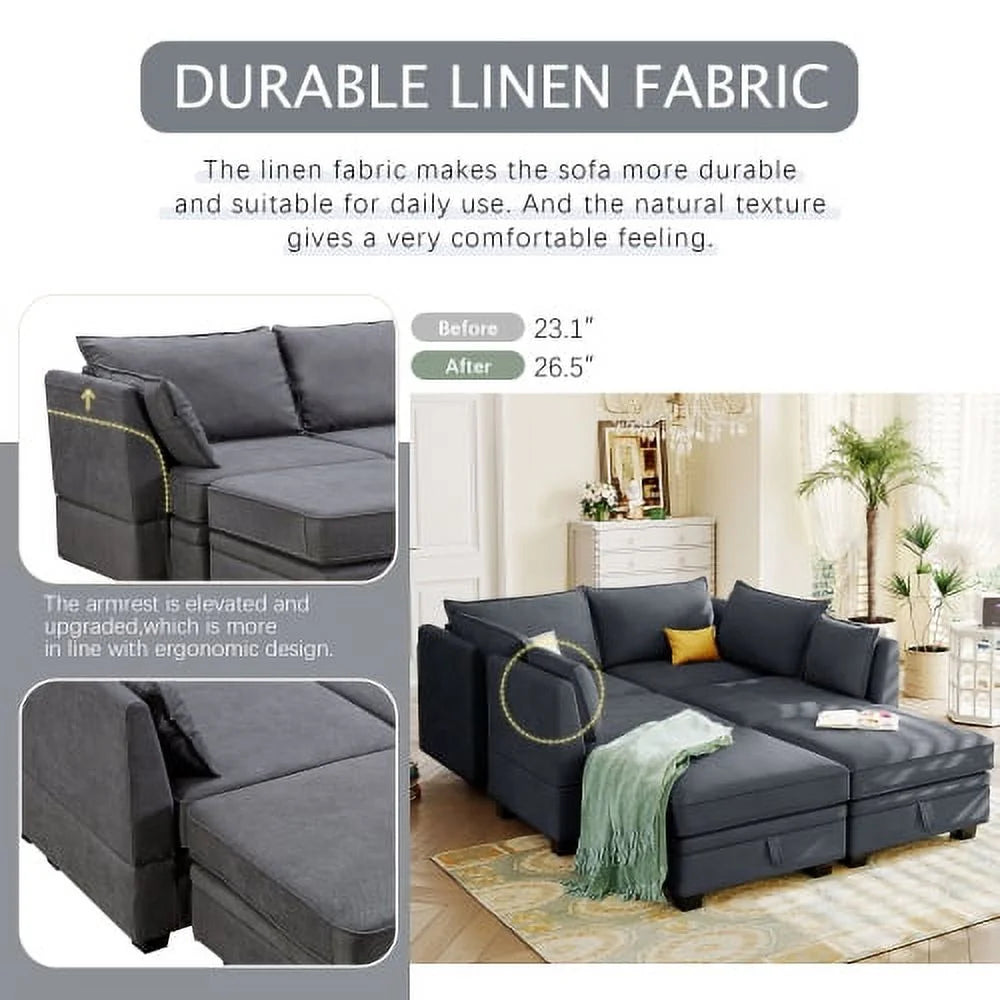 EUROCO 115" Large U/L Shaped Sectional Sofa, 1200LBS 6 Seat Convertible Couch Queen Size Sleeper Bed with Storage Seat and Removable Cushions, Modular Sofa with 2 Stools