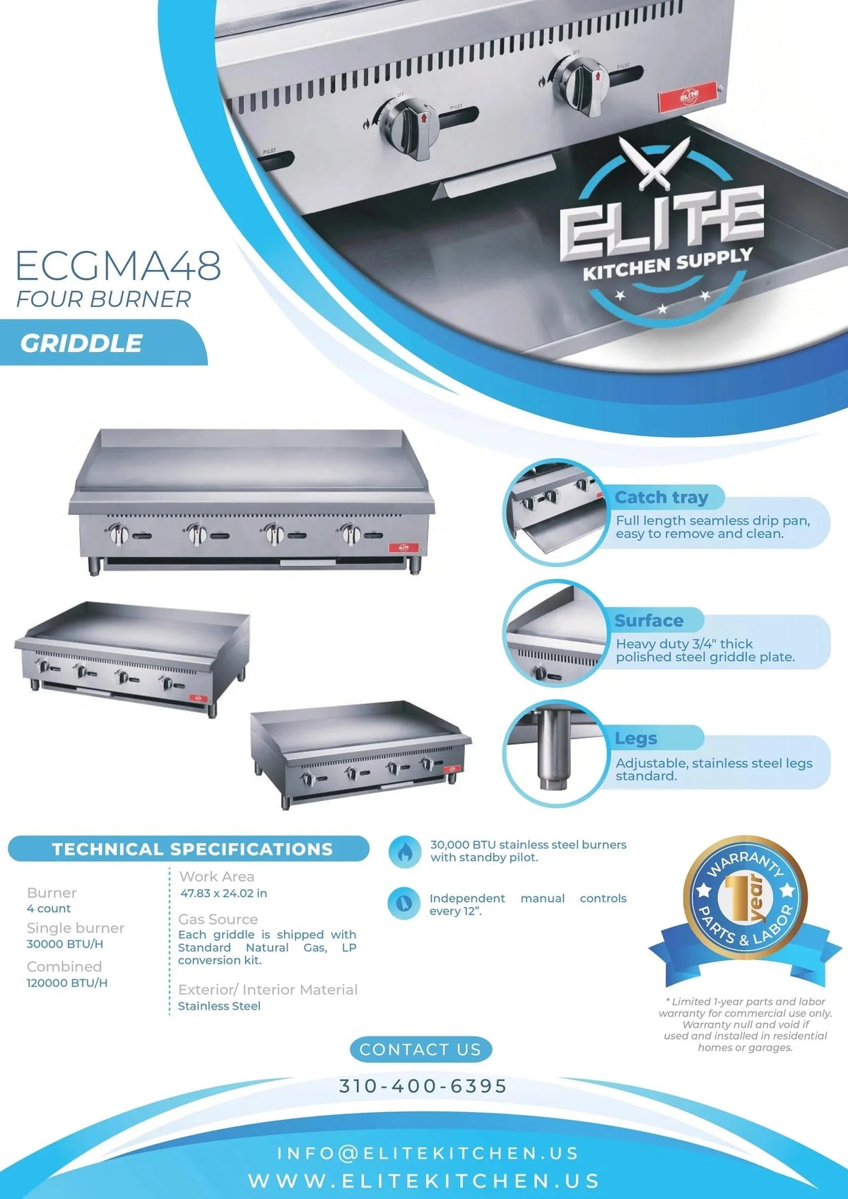 48 in. Heavy-Duty Four Burner Commercial Stainless Stell Griddle