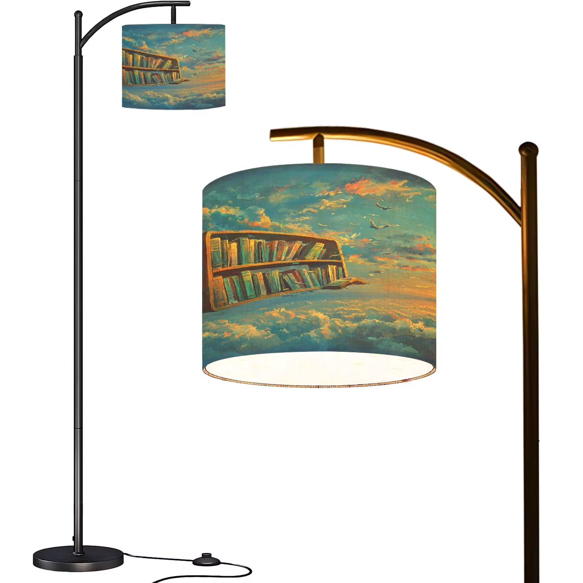 Arc Floor Lamps Surreal Bookshelf Dreamlike Sky Art Print Modern LED Adjustable Lampshade Standing Light for Living Room Reading Bedroom Office