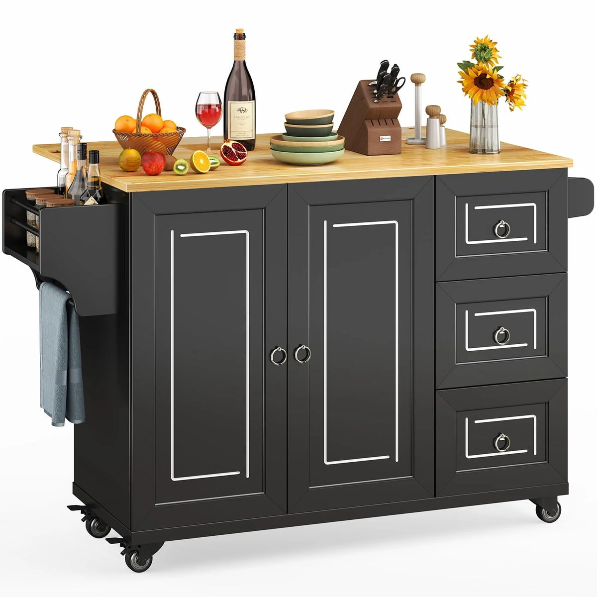 Lofka Kitchen Island with Storage,  Kitchen Island on Wheel with Wood Drop Leaf Tabletop,Black