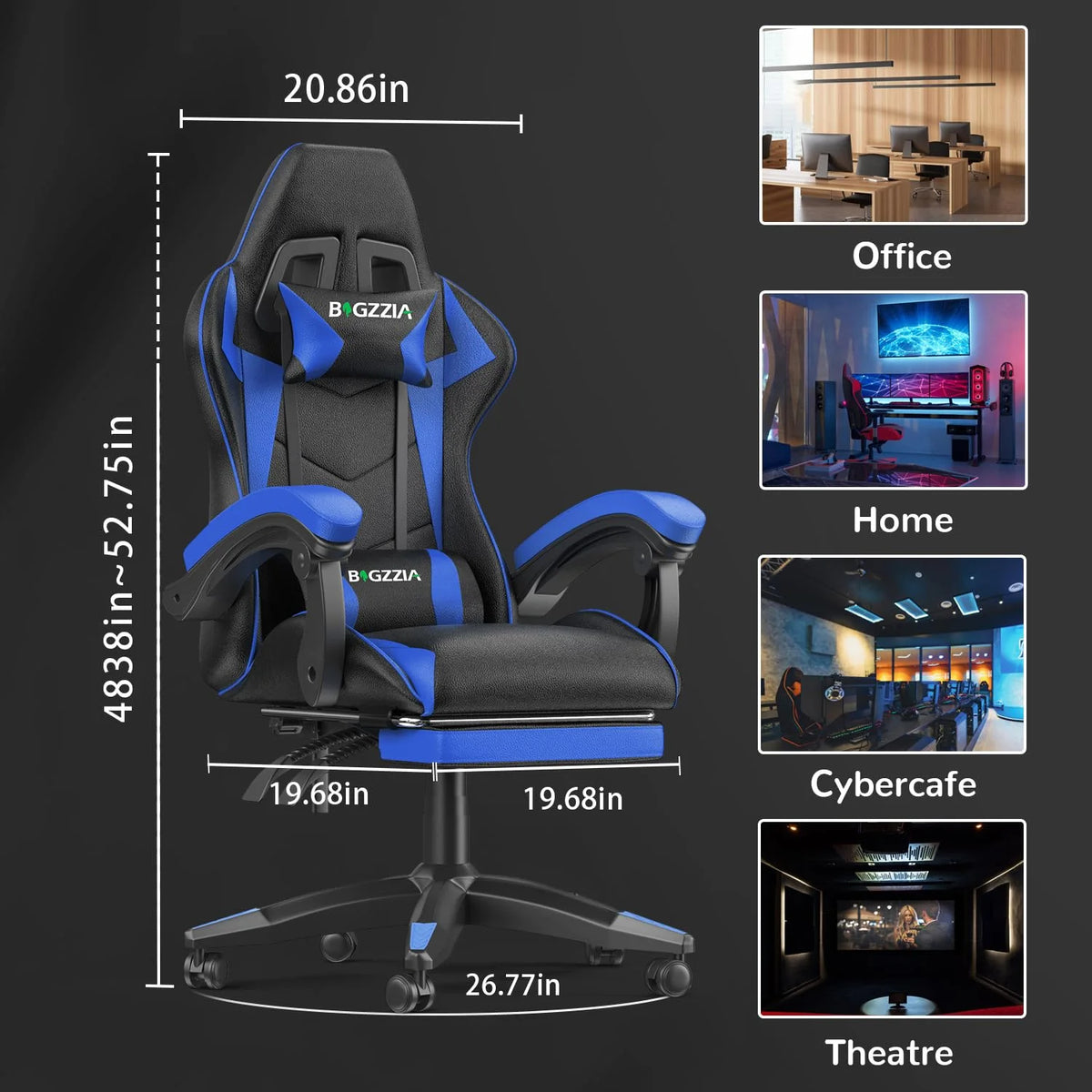 Bigzzia Gaming Chair Pu Leather Office Chair with Ergonomic Lumbar Pillow, Reclining Racing Game Chair Backrest and Seat Height Adjustable Swivel Recliner,Esports Chair with Headrest,Blue