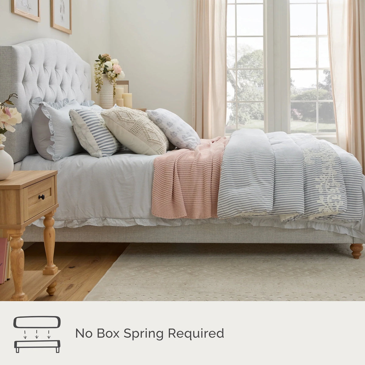 My Texas House Anna Upholstered Diamond Tufted Platform Bed, Queen, Light Gray