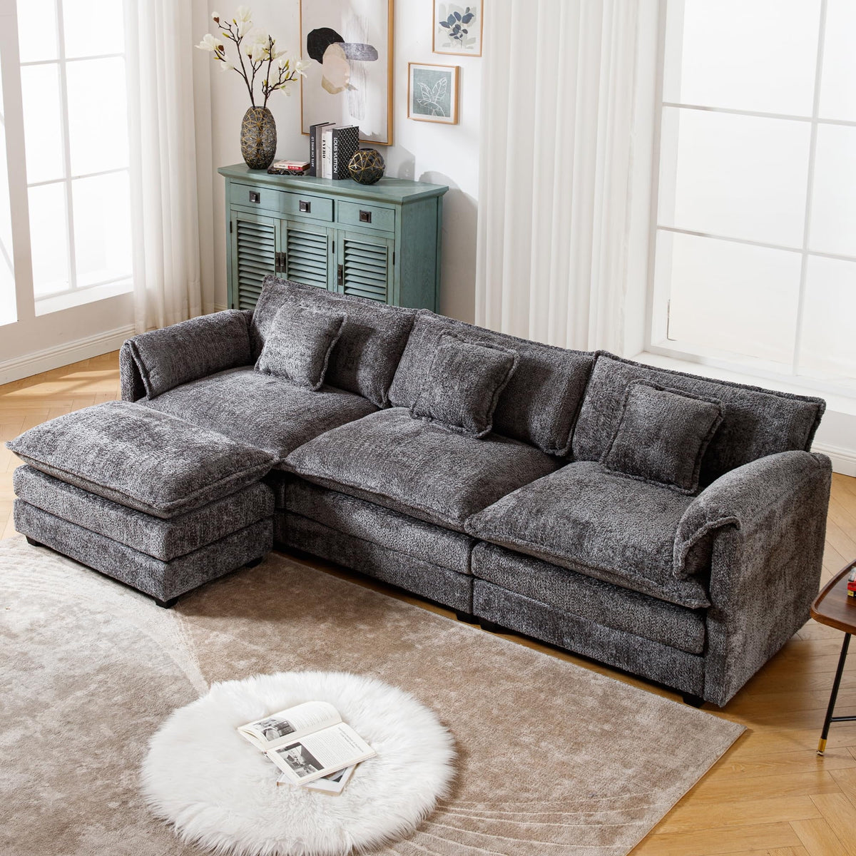 GNIXUU 112" Oversized Sectional Sofa Cloud Couch for Living Room, Modern Chenille L Shaped Couch, Comfy Boucle Modular Sofa Sleeper with Moveable Ottoman & Memory Foam (Green)