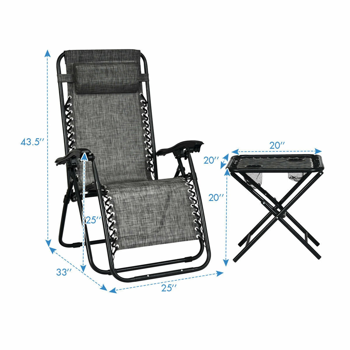 Gymax 3PC Zero Gravity Reclining Lounge Chairs Pillows Table Portable Folding Beige