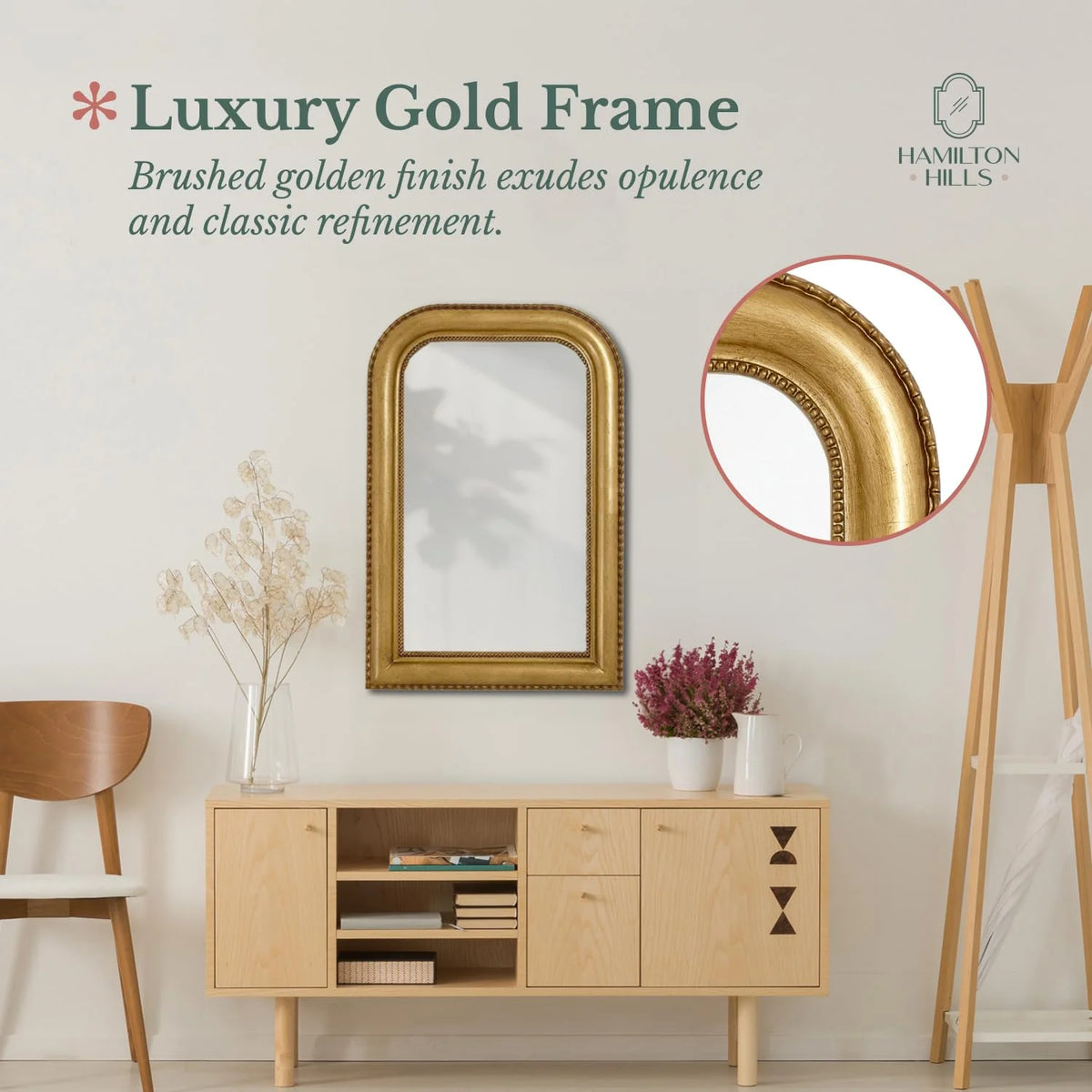 Hamilton Hills 36" x 24" Classic Gold Framed Polished Glass Top Round Corner Mirror - Thick Arched Top Rich Wall Mirror - Vanity for Bathroom Decor, Bedroom, Living Room - Hangs Horizontal or Vertica
