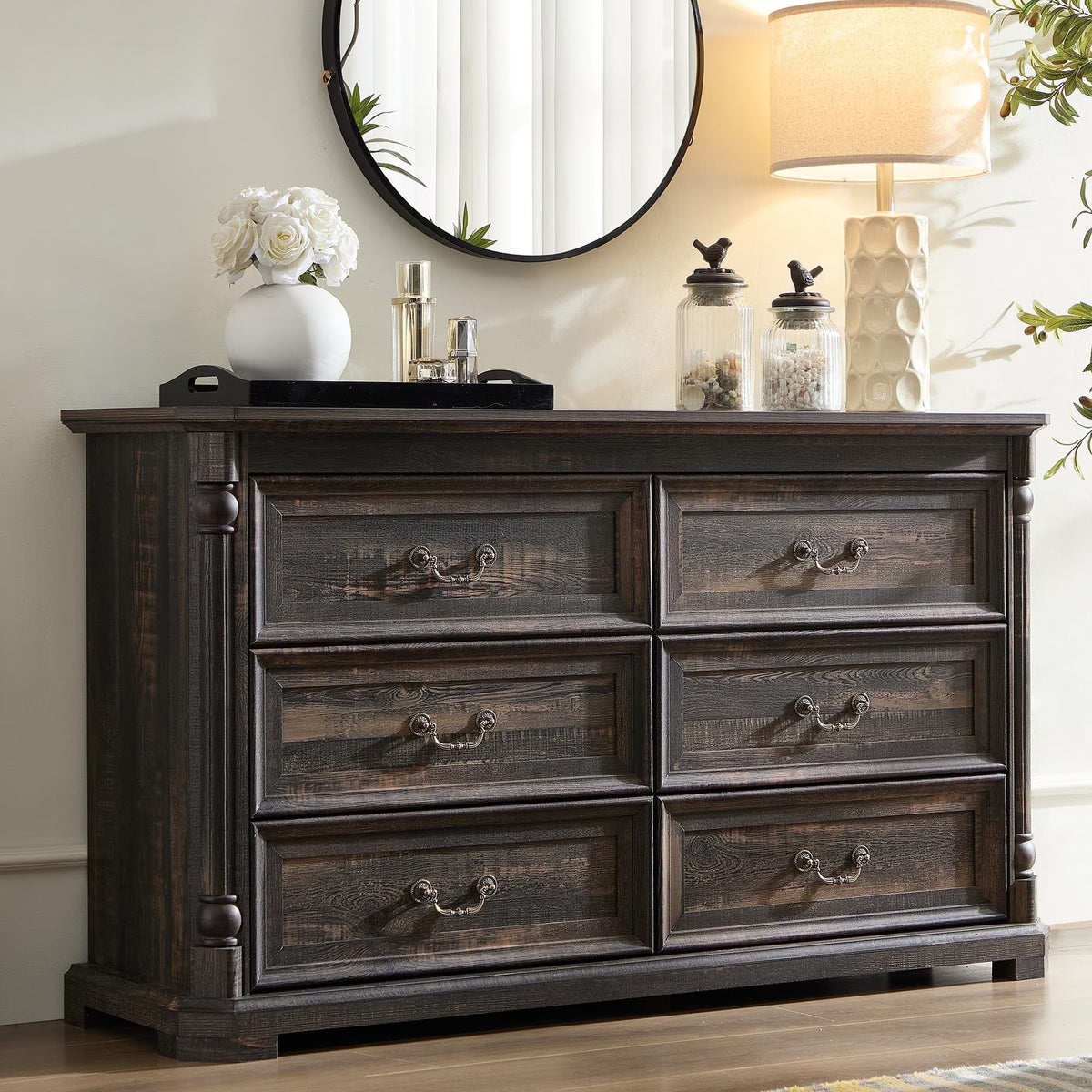 Brafabhome Rattan 6 Drawers Dresser for Bedroom, Vintage Boho Double Dresser Wicker Chest with Wooden Legs for Living Room Hallway| Mint