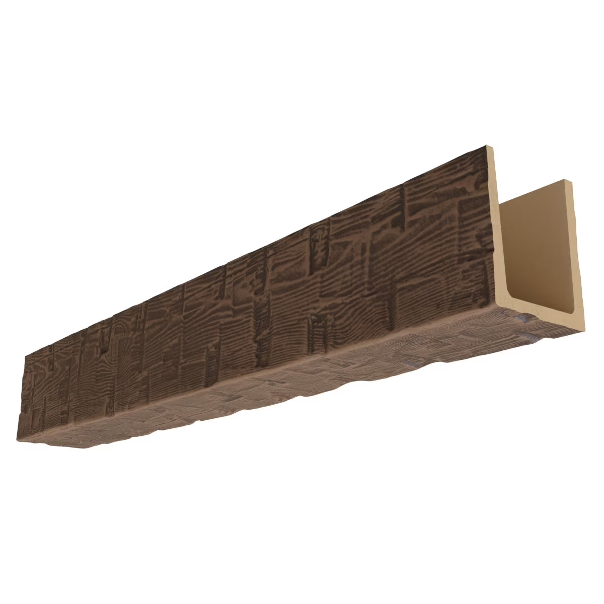 Ekena Millwork 3 1/2"W x 3 1/2"H x 120"L 3-Sided (U-Beam) Reclaimed Axed Cut HeritageTimber Faux Wood Ceiling Beam, Kona Brown