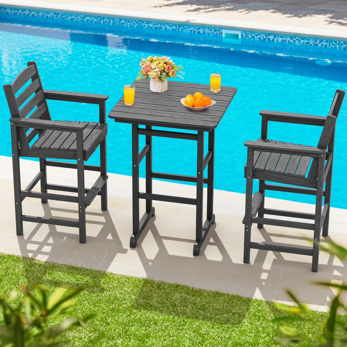 SERWALL Tall Adirondack Chairs and Table 3 Pieces Set, Adirondack Bar Height Chairs Set of 2 and Bar Table, Outdoor Barstools Set for Balcony, Poolside, Backyard, Grey