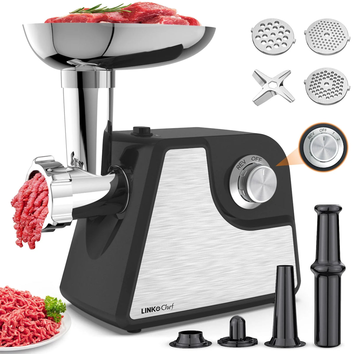 LINKChef Meat Grinder, 2 Adjustable Speed 2400W Max Electric Meat Grinders for Home use, Sausage Stuffer, ETL Approved(Black)