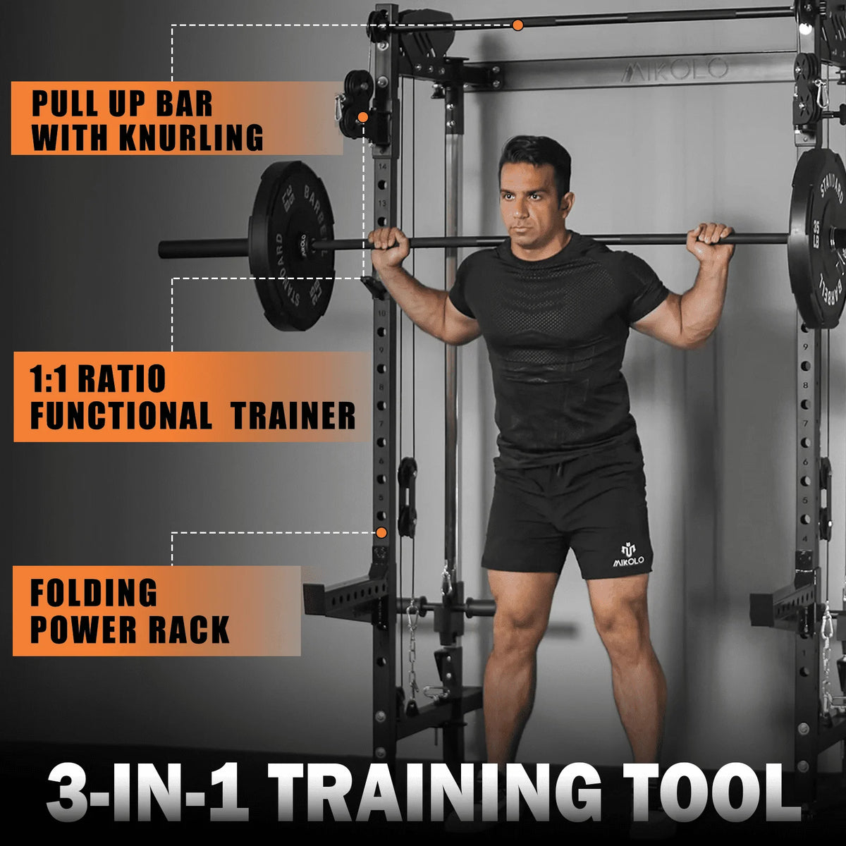 Mikolo Foldable Power Rack Cage,1000lbs Capacity Wall Mounted Squat Rack with independent pulley system, Space Saving Home Gym Equipment with 5 Adjustable Angle