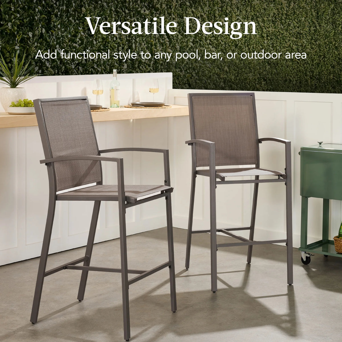 Best Choice Products Outdoor Barstools Set of 2, Bar Height Patio Chairs w/ All-Weather Mesh - Black/Black
