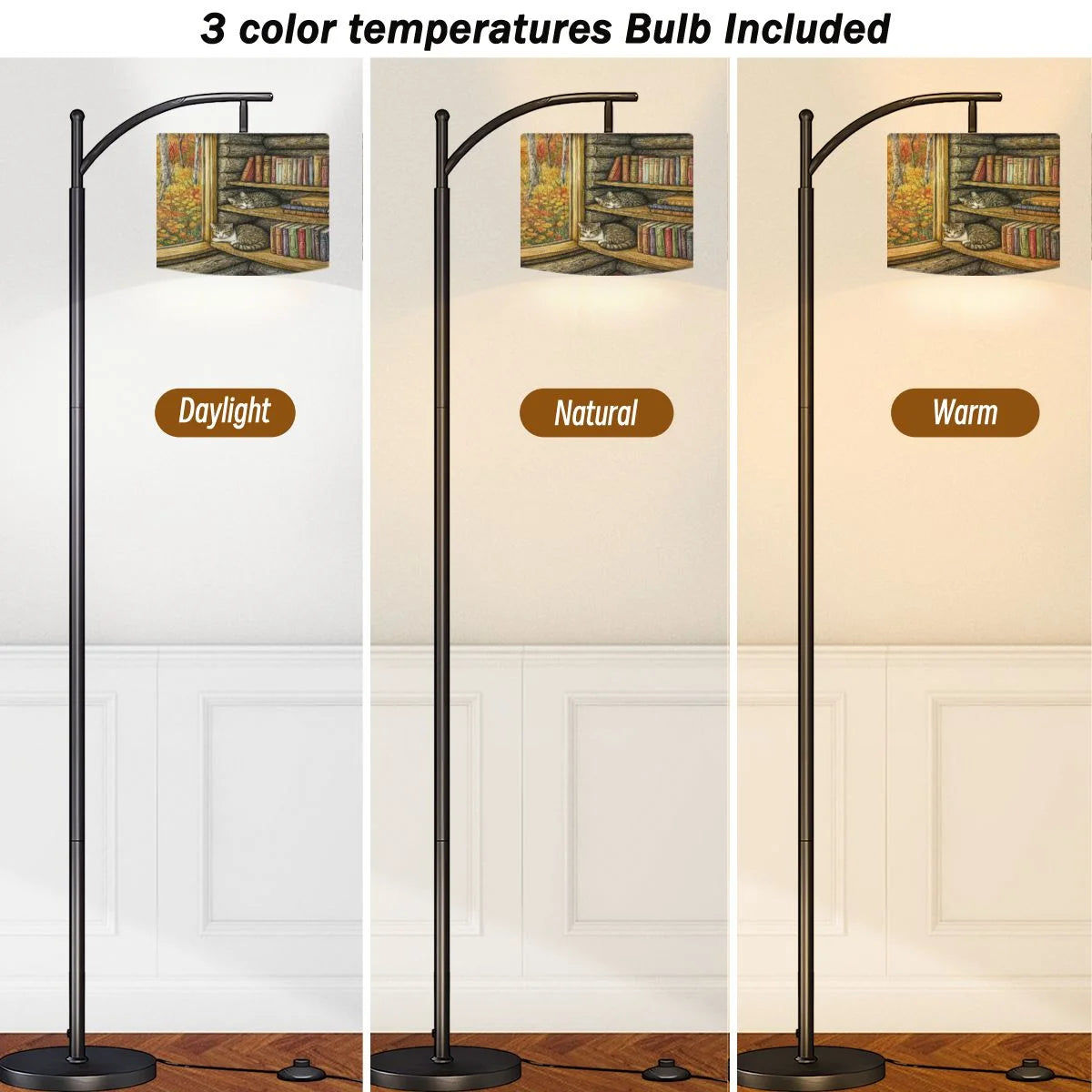 Arc Floor Lamps Surreal Bookshelf Dreamlike Sky Art Print Modern LED Adjustable Lampshade Standing Light for Living Room Reading Bedroom Office