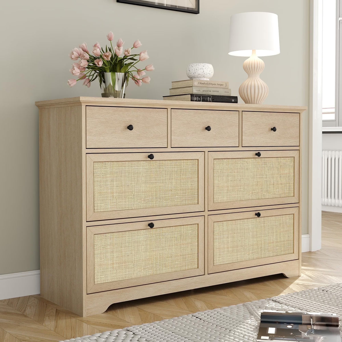 Brafabhome Rattan 6 Drawers Dresser for Bedroom, Vintage Boho Double Dresser Wicker Chest with Wooden Legs for Living Room Hallway| Mint