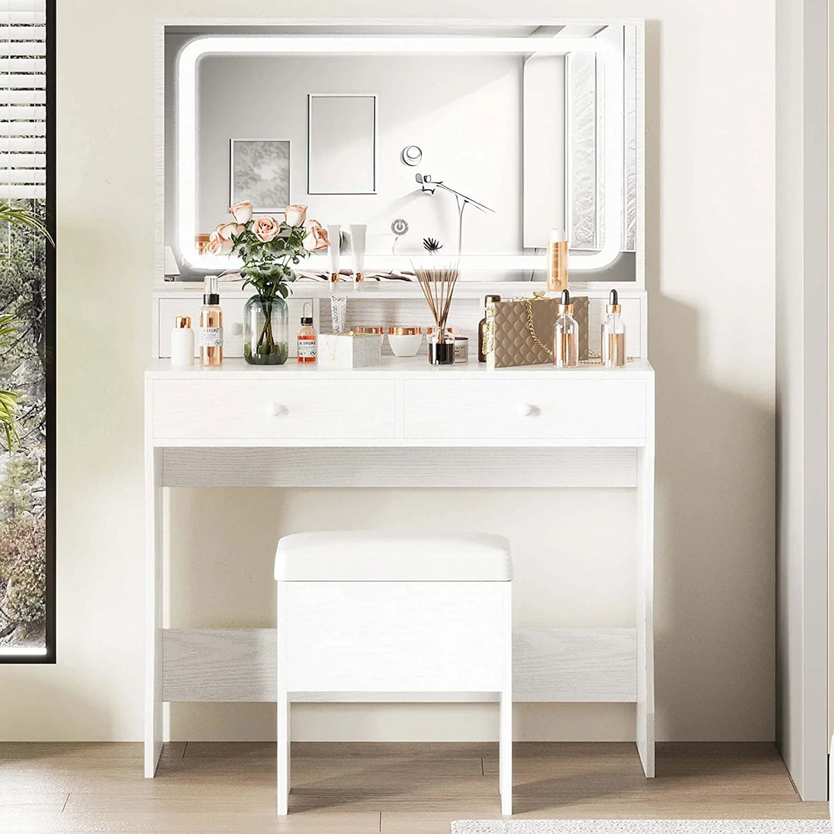 IRONCK Vanity Makeup Table Desk Set with LED Light Mirror & Power Outlet,  with 4 Drawers,Modern White