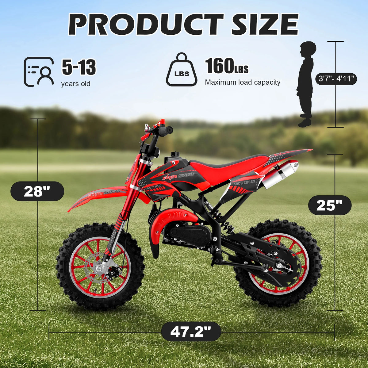 Gpower Gasoline 49cc Dirt Bike for Kids 6-15,2-Stroke Gas Power Mini Dirt Bike,1-Seater,Red