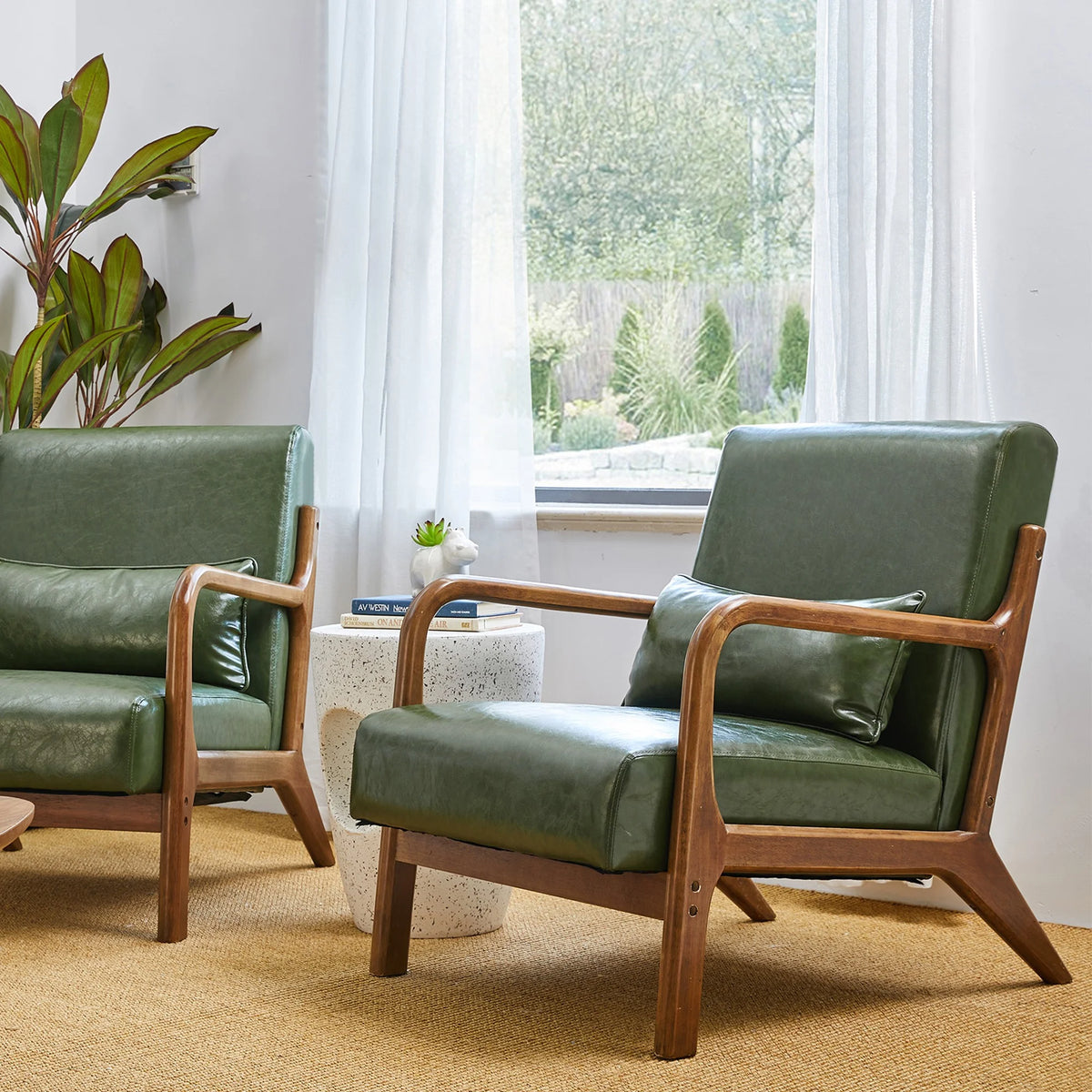 Glitzhome Mid Century Solid Wood Frame Accent Chair Modern Leather Lazy Chair