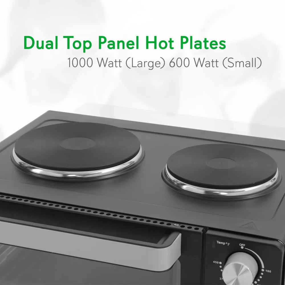 NutriChef 30 Quart Kitchen Convection Oven & 2 Burner Cooker - 1500 Watt Oven - 7 Cook Functions Rotisserie, Cook, Bake, Broil & More - Includes Baking Tray, Skewers & Handles - 19.6 x 16.0 x 13.5 IN
