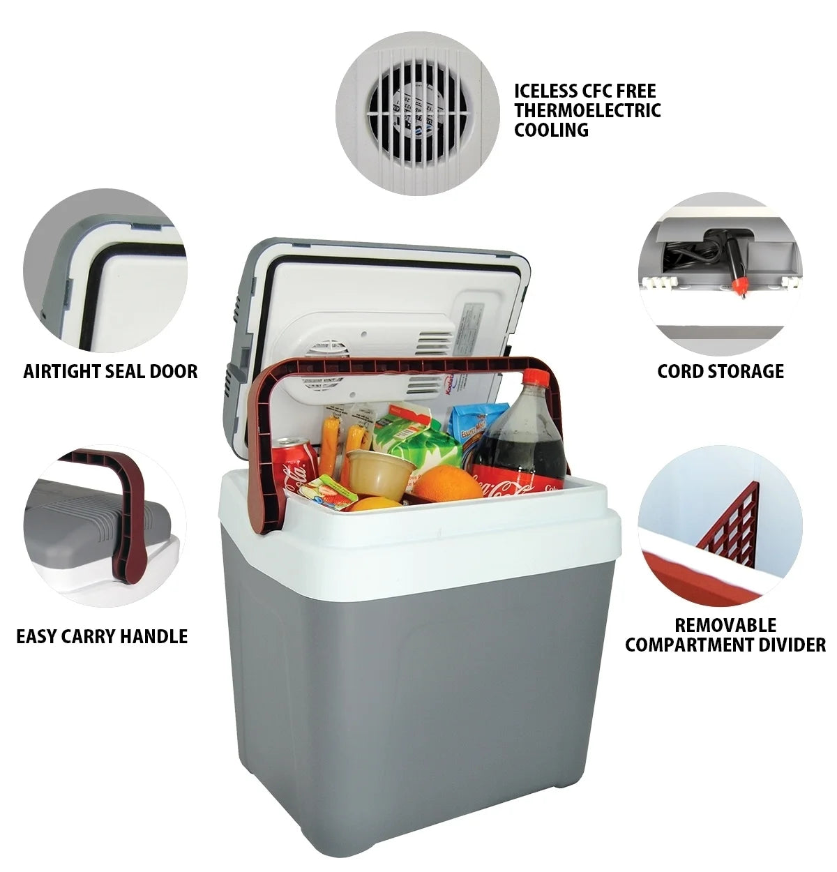 Koolatron 12V Electric Cooler 24L (26 qt), With Self-Locking Handle, Gray/Red