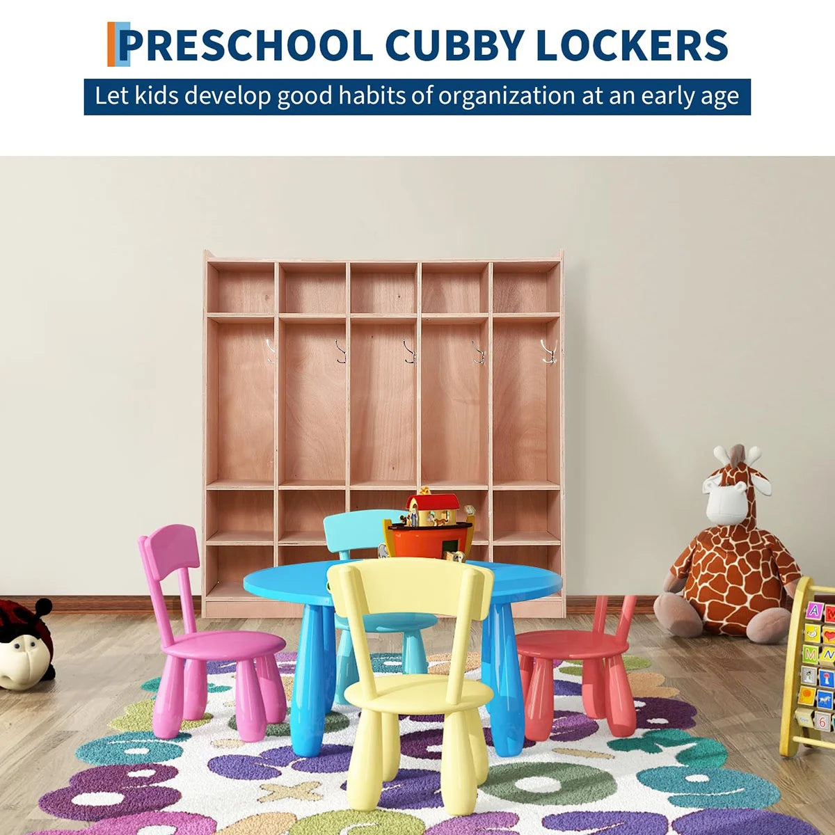 Ataucjin 5-Section Classroom Coat Locker, 20 Cubbies for Classrooms, Daycare Cubby with 4 Casters, 5 Hooks and 2 Storage Boxes, for Home, School, Kindergarten