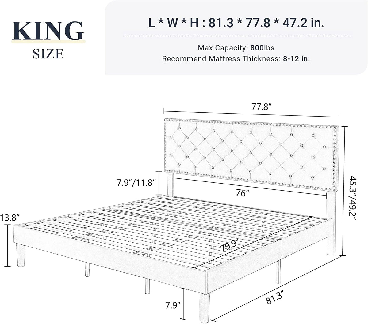 Allewie King Size Bed Frame, Velvet Upholstered Platform Bed with Adjustable Diamond Button Tufted & Nailhead Trim Headboard, Light Grey