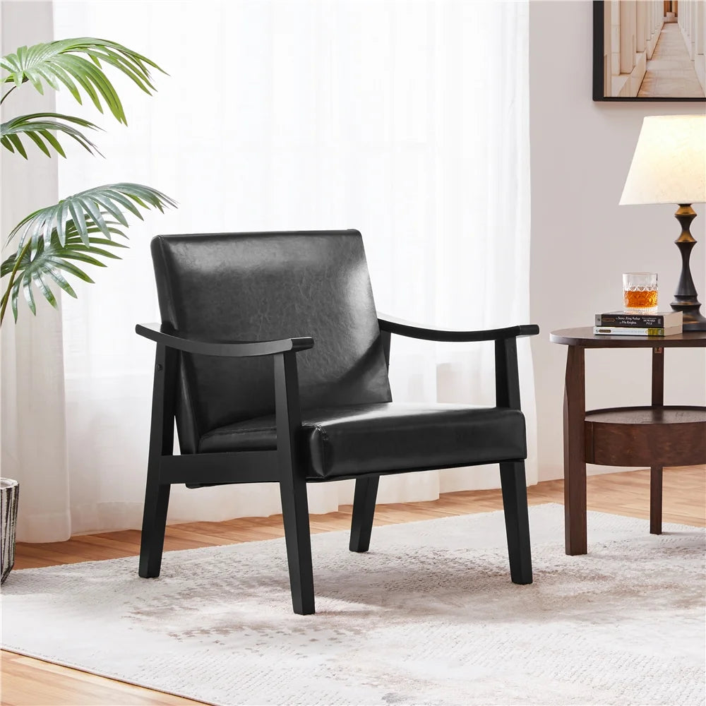 Yaheetech Mid-Century Upholstered Faux Leather Armchair with Solid Wood Legs,Brown