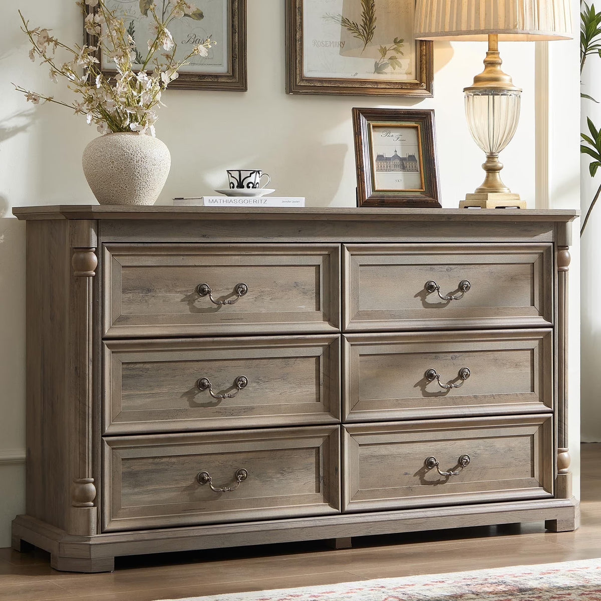 Brafabhome Rattan 6 Drawers Dresser for Bedroom, Vintage Boho Double Dresser Wicker Chest with Wooden Legs for Living Room Hallway| Mint