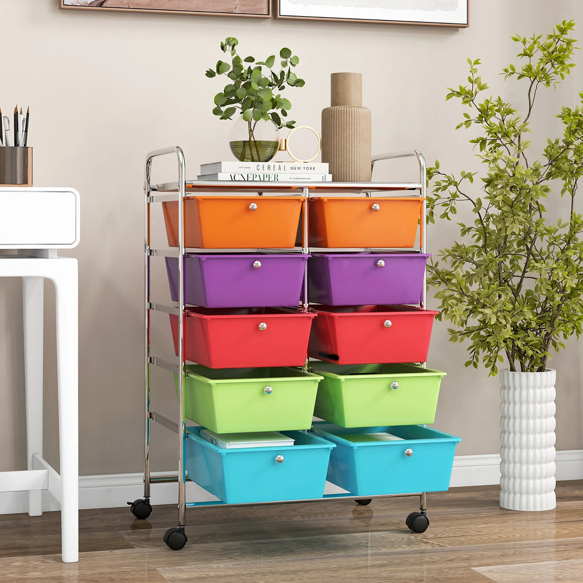 Gymax 10-Drawer Rolling Storage Cart Tools Scrapbook Paper Organizer on Wheels Black Gradient